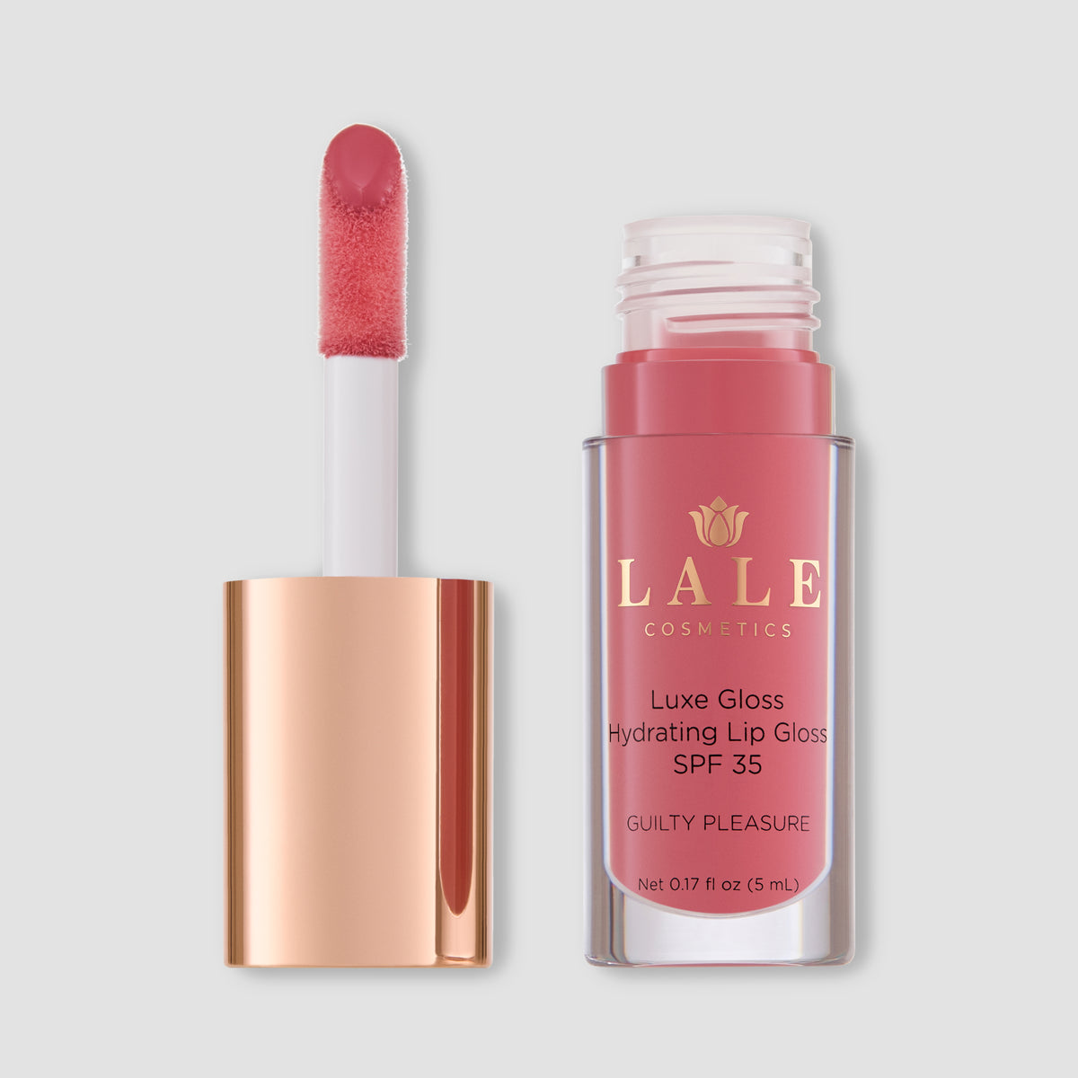 Luxe Gloss in Guilty Pleasure, open, with its applicator